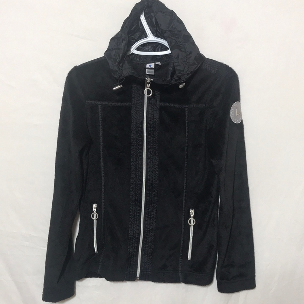 Luhta  Coat Women XS Black Front Zip Hooded Jacket Pockets Faux Fur Layering